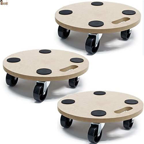 BricoLoco.com Plateforme de base avec roulettes pivotantes 360 ° 38 cm. Chariot rond roulant Support de chargement Porte-pots, pots, butane, boîtes, déménagement, transport, planche en bois MDF (3)