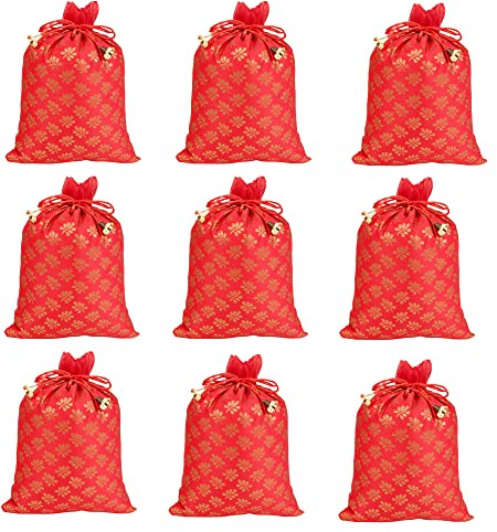 Touchstone Sacchetti tradizionali indiani fatti a mano in tessuto broccato con motivo a foglie di mimosa. Perfetto per regali gioielli matrimoni distribuzione dolce Set di 9 sacchetti rossi vivaci