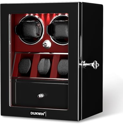 DUKWIN Watch Winder for 2/4/6/8 Automatic Watches,Lockable Watch Winders with Watch and Jewelry Storages, Super Quiet Mabuchi Motor with High-Gloss Piano Lacquer Finish,Built-in Illumination