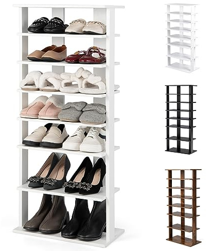 HOMASIS Schuhregal mit 8 Ebenen, höheverstellbar Schuhständer aus Holz, platzsparender Schuhorganizer mit Kippsicherung, freistehendes Schuablage, Lagerregal Eckregal für Flur (Weiß, Doppel)