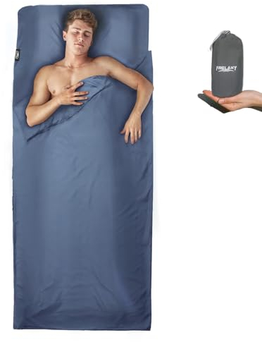 Frelaxy Sacos de dormir XL ultraligeros para mochileros, hostales, viajes y cabañas de montaña, con cremallera completa/sin cremallera (azul, sin cremallera)