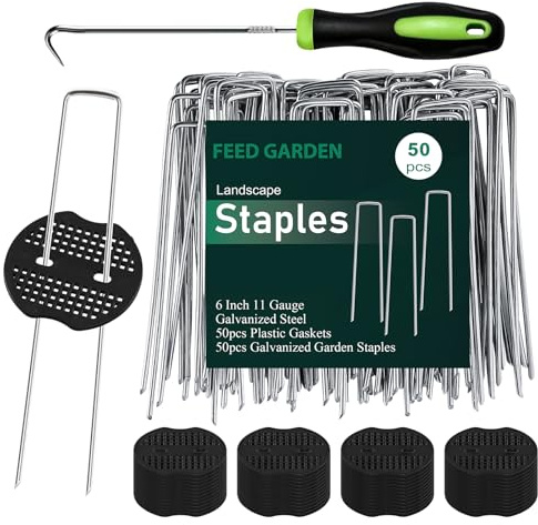 FEED GARDEN 6 Inch 50 Pcs Galvanized Landscape Staples 50 Pcs Gaskets Pick Hook Garden Stakes 11 Gauge Anti-Rust Landscaping Fabric SOD Pins U Shaped Yard Turf Stakes for Weed Barrier Fabric