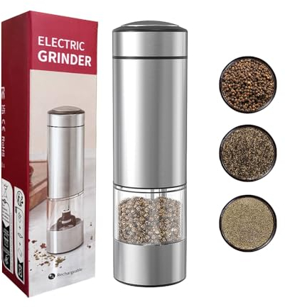Electric Salt and Pepper Grinder Mill, Stainless Steel Automatic Pepper Mills with LED Lighting and Ceramic Grind Rotor, Adjustable Coarseness and Refillable Seasoning Bottle(Dry Battery Powered)