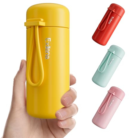 Exllena Small Flask 150ml Made of 304 Stainless Steel, Double Wall Vacuum Insulation for Hot&Cold Drinks, Mini Flask with Carry Handle - 100% Leakproof(Yellow) v