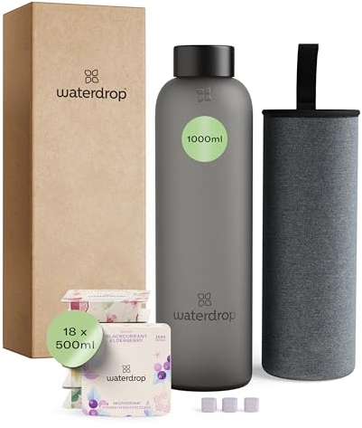 waterdrop® Bottiglie Vetro 1 litro con 18 Drops senza zucchero - idee regalo donna - Pacchetto degustazione con Borraccia e 6 gusti aromatizzanti per acqua, senza zuccheri - Cofanetto regalo donna