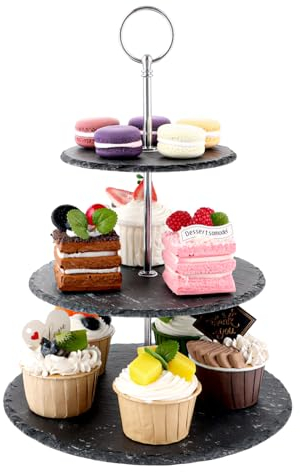 VIDETOL Naturelle Ardoise Présentoir à Gâteau 3 Étages, 33 cm Présentoir Apéritif, Noir Presentoir Aperitif Buffet pour Gâteaux, Desserts et Fruits