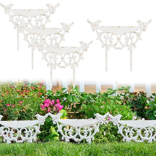Sungmor Decorative Cast Iron Garden Edging Border, 4 Pack White Landscape Edging Low Picket Fence, 9.9inch Tall Outdoor Flower Bed Lawn Fence Panels, Vintage Metal Yard Decor Stakes