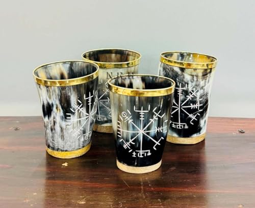 Nautical Replica Hub Lot de 4 verres à liqueur en corne de viking faits à la main pour bière ou bière - Tasses médiévales - Décoration nordique - Accessoire sculpté pour les commerçants