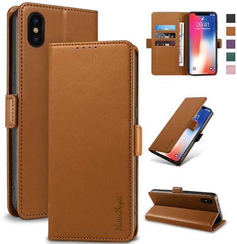 Yunubeyii Wallet Flip Case for iPhone X/XS - [RFID Blocking] Luxury PU Leather Card Holder Magnetic Phone Cover with Kickstand,Shockproof Protective Case,Brown