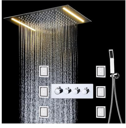 SWHC Duschsystem mit Thermostat, LED Unterputz Duscharmatur Set Chrom Duscharmatur Komplettset Deckentyp Dusche Regendusche Set Duschgarnitur mit 50 * 36cm Regendusche, Handbrause, 6PCS Seitenbrause