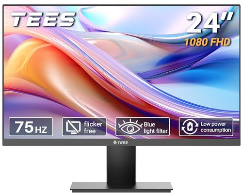 Tees 24 inch FHD Monitor, 75Hz NTSC 72% 1080P Desktop Business Computer Display, HDMI VGA Free Flicker Blue Light Filter, Screen for PC Home Office Black