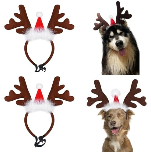 XineYuor Rentier Haarreif Haustier,2 Stück Rentier Haarreif Geweihe Elch Kopfschmuck mit Weihnachtsmütze Weihnachten Stirnband Weihnachtskostüm Hundekostüm ür Haustier Hund Katze