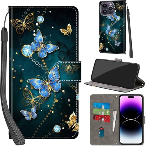 PHINIENLAND Wallet Flip Case for iPhone 14 Pro Max Leather Green Butterfly | 3 Card Slots & 1 Cash Pocket, Magnetic Closure, Kickstand, Premium PU Leather flip cover for iPhone 14 Pro Max