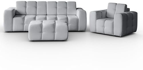 BEAUTY SOFA - Sofagarnitur: Sofa mit Schlaffunktion, Sessel, Fußhocker - Wohnzimmermöbel Set - Sofa Ausziehbar 240 cm breit - Moderne Möbel für Wohnzimmer - Samt - Raven 06