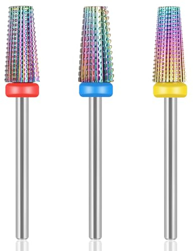 3-Piece Nail Drill Bits - Tungsten Carbide 5 in 1 Cone Shape Bit, 3/32 Inches, for Acrylic or Gel Nail Removal, Manicure & Pedicure Salon & Home Use