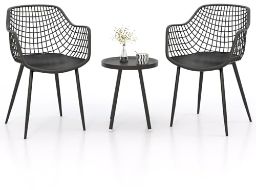 COSTWAY 3 Piece Patio Bistro Set, Garden Furniture Set with PP Seat and Tabletop, Metal Frame Outdoor Conversation Table Chairs Set for Balcony, Lawn and Poolside