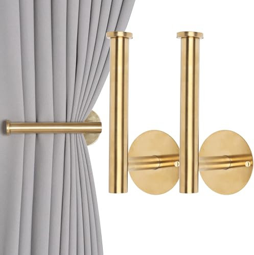 2 Pack Self-Adhesive or Drilling Curtain Holdbacks, No-Drill Metal Curtain Tie Backs with Adhesive, Wall-Mounted Drapery Hooks & Holders for Living Room & Bedroom Curtains (2, Gold)