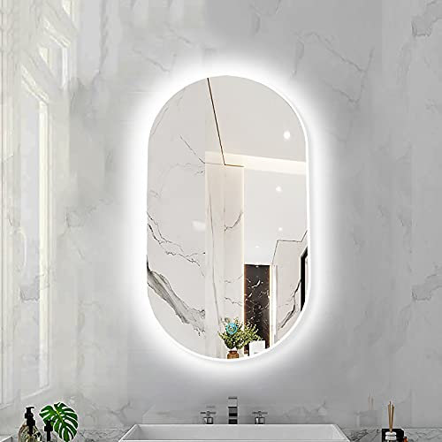 Moderner ovaler Badezimmerspiegel mit LED-Hintergrundbeleuchtung, dimmbar, 3 Farbtemperaturen, intelligentes LED-Licht, Wandmontage, Make-up-Spiegel, weißer Rahmen, 40 x 60 cm