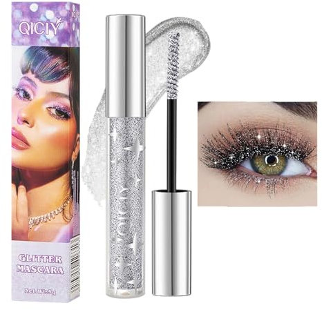 Glitter Mascara, Silber Glitzer Wimperntusche, Schimmer Glitter Mascara, Diamond Wimperntusche zur Verlängerung & Volumen, Wasserfeste, Funkelnde Augen Make-up, für Party, Hochzeit (#01 Silber, 1)