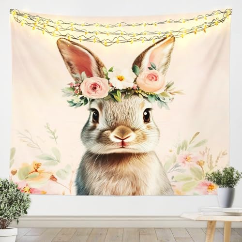 Loussiesd Nettes Kaninchen Wandteppich 130x150cm Kawaii Hase Wandkunst für Kinder Jungen Mädchen Rose Floral Blume Wandtuch Floral Kaninchen Tapisserie Tier
