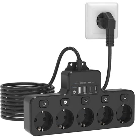 LEUTED Adattatore a 5 prese, con 4 USB, 9 in 1, interruttore singolo, protezione da sovratensione, presa multipla a parete per cucina, ufficio, soggiorno, cavo da 2 m, colore nero