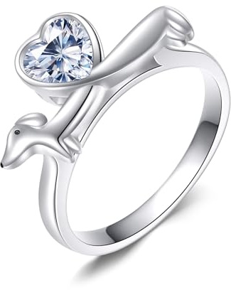 URONE Dackel Ring 925 Sterling Silber Hund mit Herz April Geburts Stein Ring Dackel Schmuck Geschenke für Frauen Hunde Liebhaber