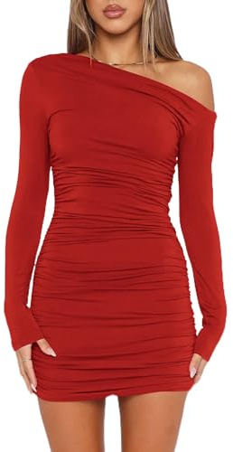 ELFIN Women's Sexy Bodycon Mini Dress Long Sleeve Off Shoulder Ruched Club Party Evening Short Dresses Red