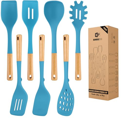 Silicone Kitchen Utensil Set for Non Stick Cookware, 7 Pcs Heat Resistant Cooking Utensils with Wooden Handle, BPA Free Kitchen Tools with Spatulas, Spoons, Skimmer and Pasta Fork (Blue)