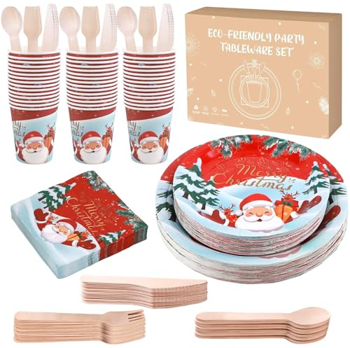 Anstore Juego de 200 platos de papel de color verde rojizo reutilizables, vajilla de fiesta de Papá Noel con tenedores, cuchillos, cucharas, platos, vasos, para cumpleaños, bodas, Navidad