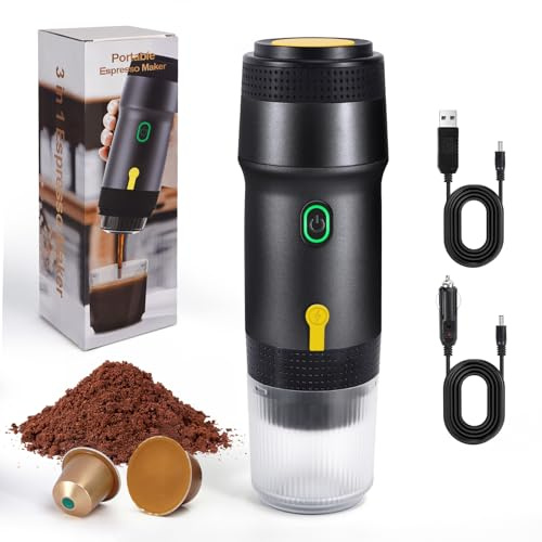 LAMA Portable Espresso Machine, 3 in 1 Electric Travel Coffee Maker, 4-5 min Self-Heating, Large Capsules, Small Capsules, Ground Coffee for Camping, RV, Office, Home, Car Black