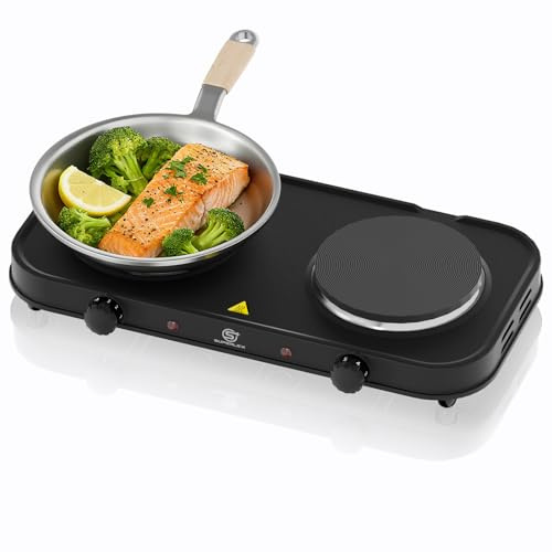 SUPERLEX Double Hot Plate Electric Hob, 2000W Portable Table Top Hob with 2 Ring Heating Plates, Plates Cast Iron Burners for Camping Travel Home Use, Dual Temperature Control and Compact Lightweight
