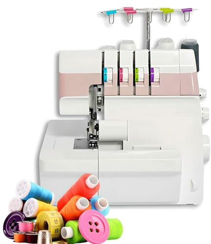 Macchina da cucire overlock for impieghi gravosi, taglia e cuci elettrica a quattro fili con possibilità di 2-3-4-5 punti, trappola di rifinitura, piedini a scatto(Pink)