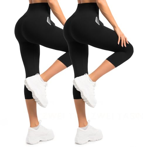 Sanpetix Damen 3/4 Leggings mit Taschen, 2er Pack Capri Leggings mit hoher Taille für Damen, butterweiche, elastische Hosen für Workout, Fitnessstudio und Yoga