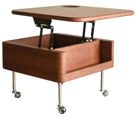 MedievalStyle - Mesa de centro elevable de nogal con ruedas, aparador extraíble de madera maciza resistente y almacenamiento oculto, ideal para sala de estar y sofá