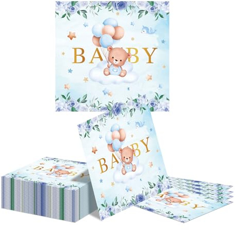Kotkiddy 40 Pzs Servilletas de Baby Shower Niño Motivo Oso Cocktail Postre Servilletas de Papel Desechables Revelación de Género Decoración de Mesa Azul Dorado Decoración
