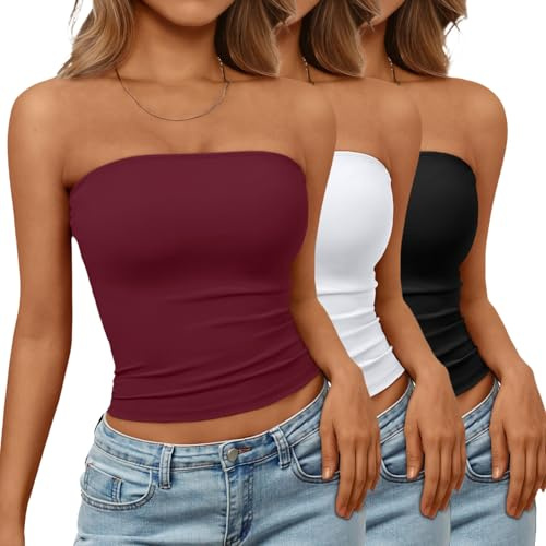 Trendy Queen Womens 3 Pack Strapless Backless Tube Tops Sleeveless Going Out Crop Bandeau Tops Cute Summer Clothes 2026 Black,White,Burgundy XL