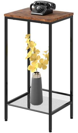 Levede Side Table, Narrow Side Table, Industrial Small End Table, Bedside Table Nightstand with Mesh Shelf, Space Saving for Living Room Bedroom Hallway, Rustic Brown & Black, 38×28×73.5cm