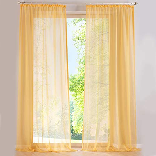 SIMPVALE 2er Set Vorhang durchsichtig Einfarbig Voile-Vorhänge mit Schienenhaken für Gardinen Schlafzimmer Wohnzimmer Balkon, Gelb, 140X245 cm