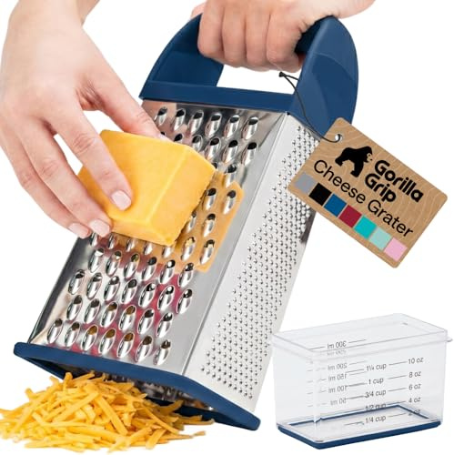 GORILLA GRIP® XL 4-Sided Stainless Steel BPA-Free Cheese Grater, Blue | Includes Measurement Container, Slip Resistant Base, Quickly Grate Hard Parmesan, Shred Veggies, Zest Citrus, Dishwasher Safe