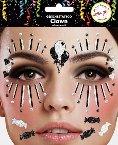 Gesichts-Tattoo - Glitzer Aufkleber Klebetattoos (Clown Schwarz Weiß)