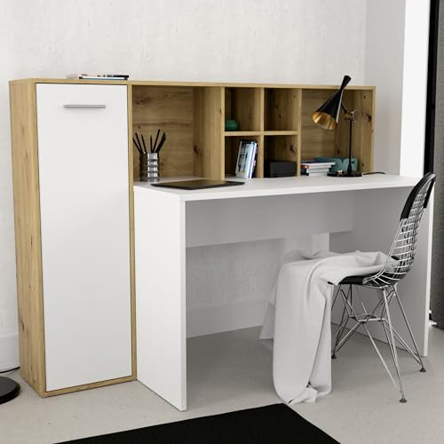 Forte ERIADU Schreibtisch 160, moderner Scheibtisch mit Stauraumfächern und Schranktür, Holzwerkstoff, Weiß mit Artisan Eiche Holzdekor, 158 cm breit x 116 cm hoch x 66 cm tief