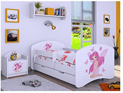 BDW Kinderbett mit Matratze und Bettkasten - NEU, 140/160/180/190 Verschiedene Motive Für Junge Weiß (Prinzessin mit Schmetterlingchen, 180x90)