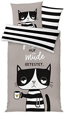 H:)PPY life Bettwäsche Motiv Katze müde | 135 cm x 200 cm | Kissen 80 cm x 80 cm | Baumwolle, Reißverschluss | Bettwäsche Garnitur | 47929, Grau