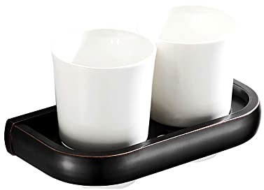 Klobvtt Set Portaspazzolino Doppio, Portabicchieri da Parete Nero Antico con Due Bicchieri in Ceramica Bianca, Portabicchieri per Dentifricio Collutorio Accessori per Il Bagno, Ottone