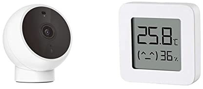 Xiaomi Mi Magnetic Mount caméra de Surveillance 2K Noir, détection de Mouvement, Vision nocturne et de 180° & Mi Temperature and Humidity Monitor 2 thermomètre d'intérieur connectée Blanc