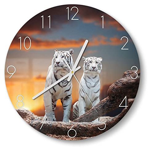 DEQORI Glasuhr | rund Ø 30 cm | Motiv Weiße Tiger im Abendlicht | ausgefallene leise Design Uhr aus Glas | Wanduhr für Wohnzimmer & Küche | moderne Hingucker Uhr für die Wand