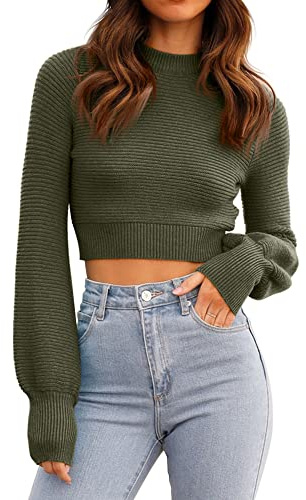 GeGekoko, maglione da donna con cappuccio, maglietta sportiva, sexy, girocollo, maniche corte, maglione a costine, a maniche lunghe, crop top, pullover, Verde militare, S