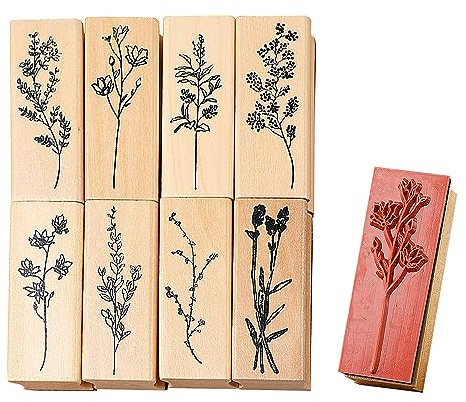 8 trästämplar, vintage trästämplar, blommönster, stämpelset, gör-det-själv-tillbehör, återanvändbara, lämpliga för scrapbooking, dagböcker, fotoalbum
