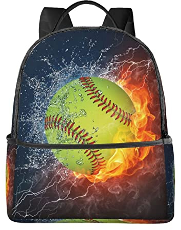 FJAUOQ Laptop-Rucksack, leicht, Reiserucksack, Schultertasche, Softball, Baseball auf Feuer und Wasser, bedruckt für Reisen, Männer und Frauen, Siehe Abbildung, One size