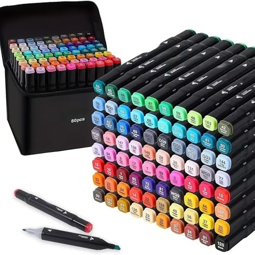 RLS 80Pcs Colored Marker Set, Paint Pens, Colouring Pens for Kids & Adults, New Generation Dual Tip, Artist Marker Pens for Drawing, Sketching, with Carrying Case and Storage Base